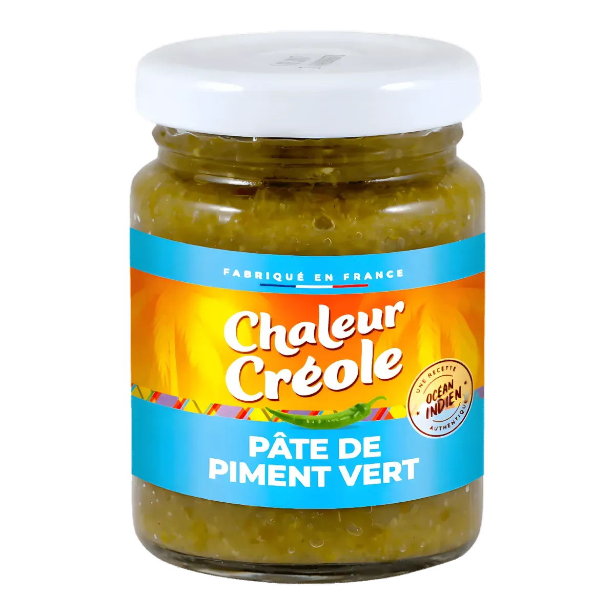 Pot de pâte de piment vert Chaleur Créole - Condiment savoureux pour cuisine épicée, étiquette colorée et couvercle blanc.